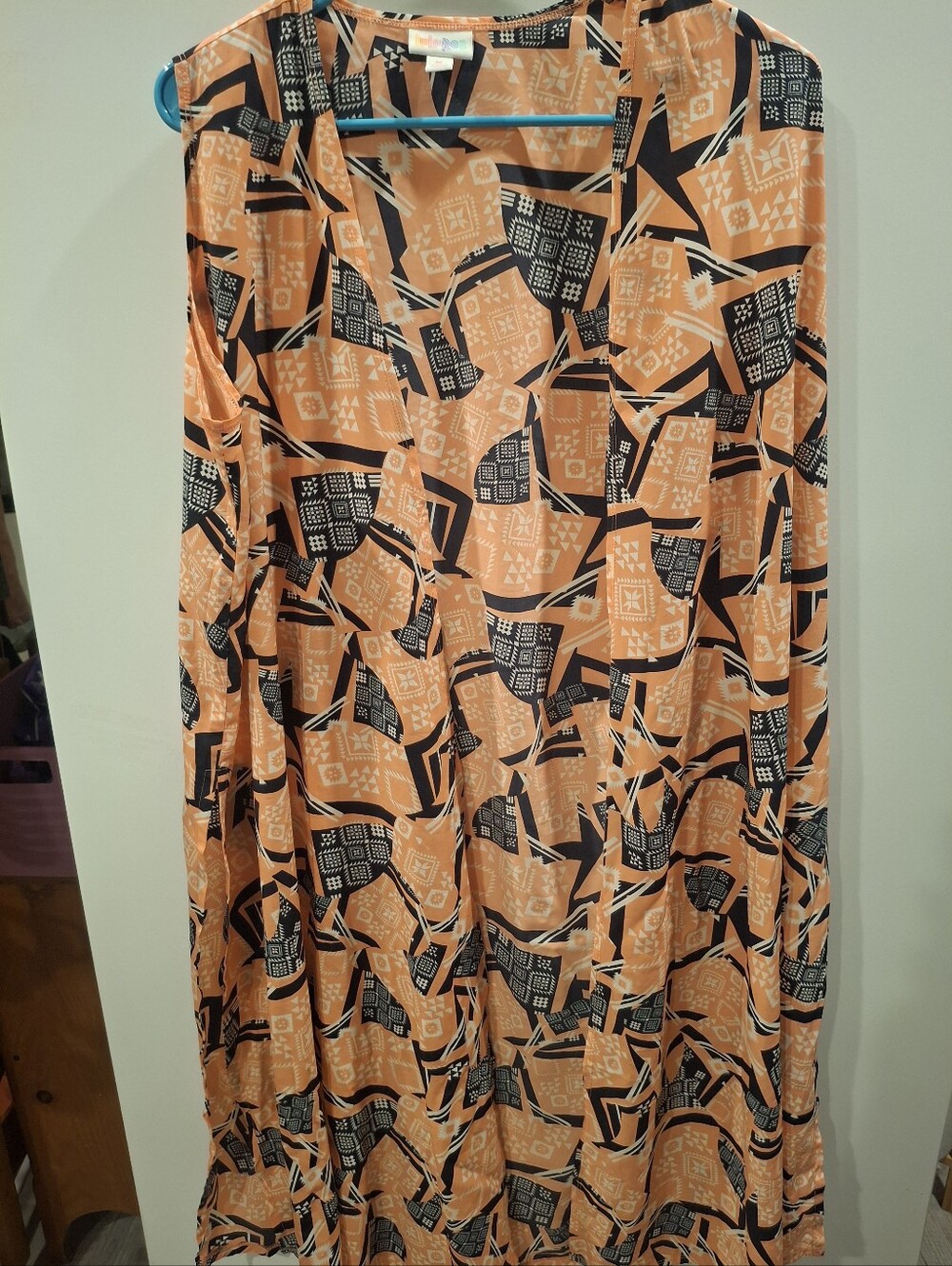 LuLaRoe Peach and Black Geometric Long Cardigan
